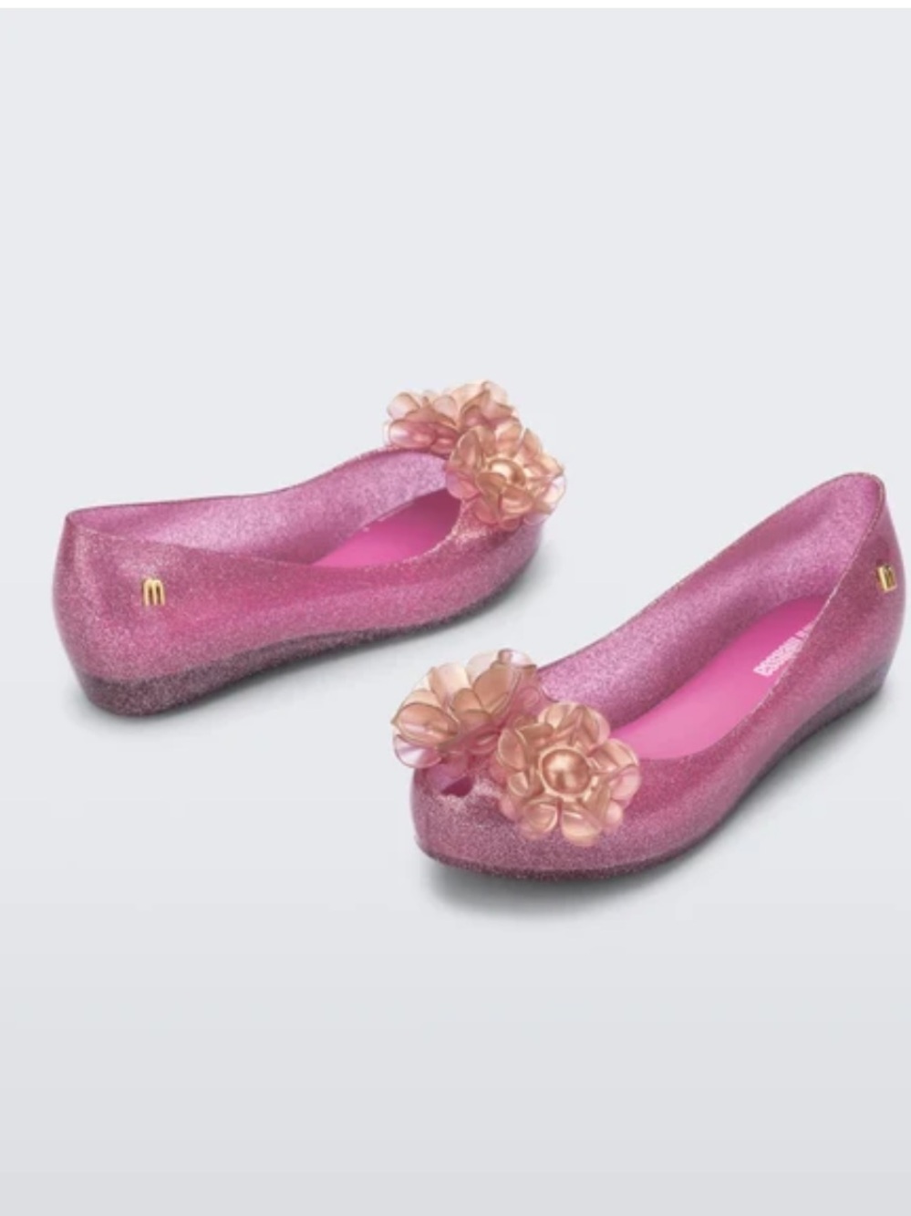 Mini Melissa Pink Glitter Floral Jelly Flats with Champagne Flowers girls size - Picture 2 of 10
